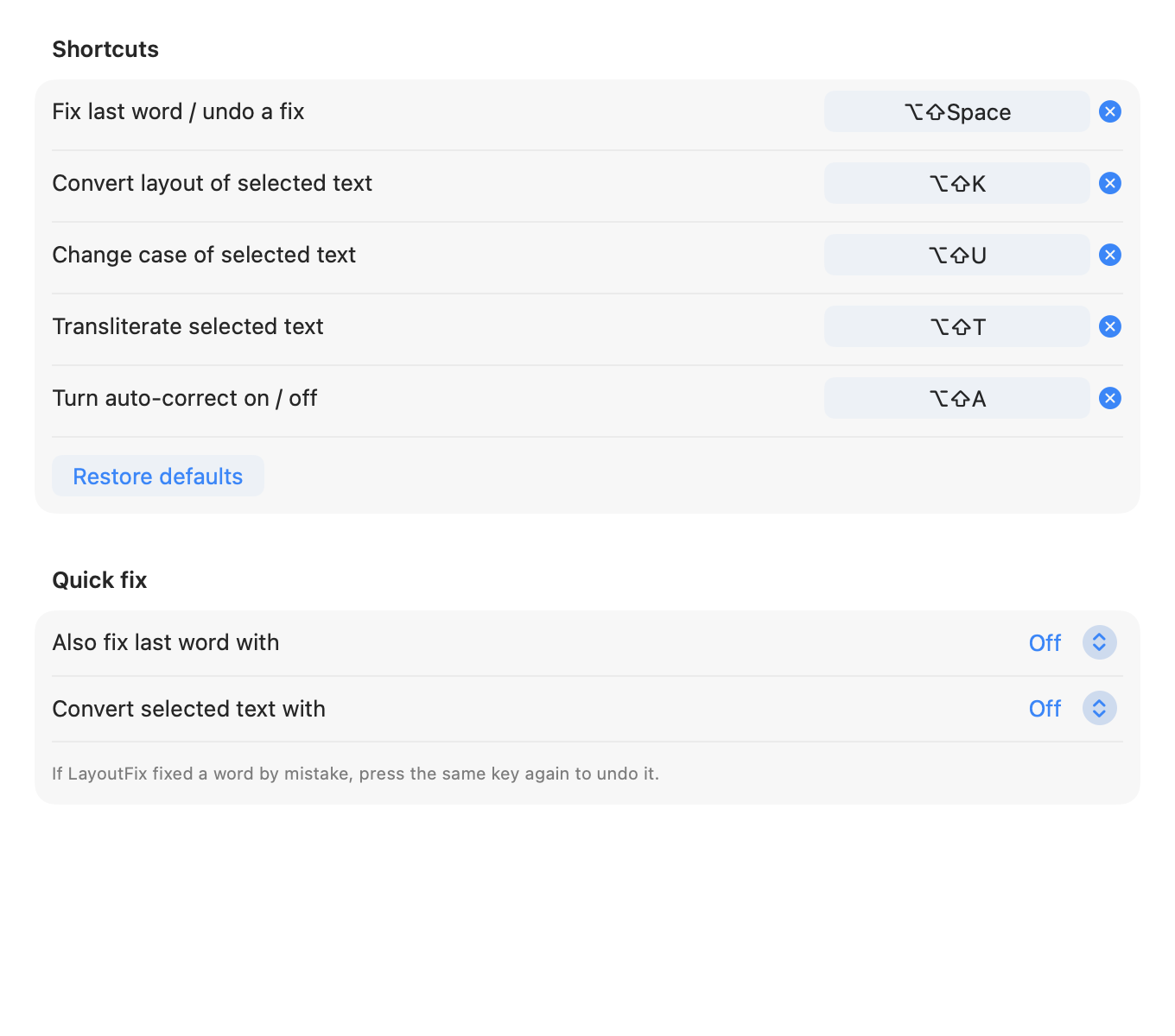LayoutFix Shortcuts settings with configurable commands for fixing a word, converting selected text and toggling automatic correction